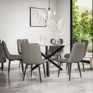 More4Homes Malvern Round Dining Table & Chairs - Clear Glass Table Top w Solid Oak Black Legs + Nova Faux Leather Dining Chair Set Of 6 in Grey Grey More4Homes Malvern Round Dining Table & Chairs - Clear Glass Table Top w Solid Oak Black Legs + Nova Faux Leather Dining Chair Set Of 6 in Grey Grey
