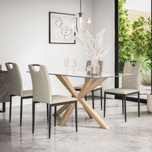More4Homes Etta Glass Dining Table & Chairs - Glass Top w Solid Oak Legs + Monza Fabric Dining Chair Set Of 4 in Beige Beige More4Homes Etta Glass Dining Table & Chairs - Glass Top w Solid Oak Legs + Monza Fabric Dining Chair Set Of 4 in Beige Beige