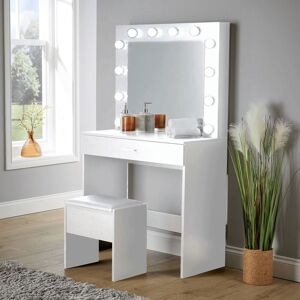 Home Source Dressing Table with Stool LED Lights Mirror Makeup Vanity Desk Set in White White Home Source Dressing Table with Stool LED Lights Mirror Makeup Vanity Desk Set in White White