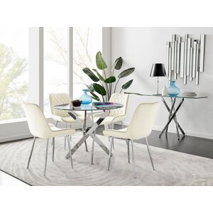 FurnitureboxUK Novara Clear Tempered Glass 100cm Round Dining Table with Chrome Starburst Legs & 4 Pesaro Velvet Silver Leg Chairs in Cream Cream FurnitureboxUK Novara Clear Tempered Glass 100cm Round Dining Table with Chrome Starburst Legs & 4 Pesaro Velvet Silver Leg Chairs in Cream Cream