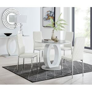 FurnitureboxUK Giovani Round 4 Seat 100cm White High Gloss Halo Base Grey Glass Top Dining Table 4 Soft Faux Leather Silver Leg Milan Chairs White FurnitureboxUK Giovani Round 4 Seat 100cm White High Gloss Halo Base Grey Glass Top Dining Table 4 Soft Faux Leather Silver Leg Milan Chairs White