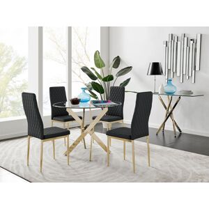 FurnitureboxUK Novara 100cm Round Tempered Glass Dining Table with Gold Legs & 4 Milan Faux Leather Chairs in Black Black FurnitureboxUK Novara 100cm Round Tempered Glass Dining Table with Gold Legs & 4 Milan Faux Leather Chairs in Black Black
