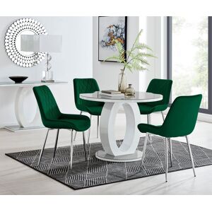 FurnitureboxUK Giovani Round 4 Seat 100cm White High Gloss Halo Base Grey Glass Top Dining Table 4 Soft Velvet Silver Leg Pesaro Chairs in Green Green FurnitureboxUK Giovani Round 4 Seat 100cm White High Gloss Halo Base Grey Glass Top Dining Table 4 Soft Velvet Silver Leg Pesaro Chairs in Green Green