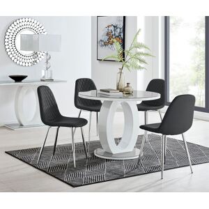 FurnitureboxUK Giovani Round 4 Seat 100cm White High Gloss Halo Base Grey Glass Top Dining Table 4 Soft Faux Leather Silver Leg Corona Chairs in Black Black FurnitureboxUK Giovani Round 4 Seat 100cm White High Gloss Halo Base Grey Glass Top Dining Table 4 Soft Faux Leather Silver Leg Corona Chairs in Black Black