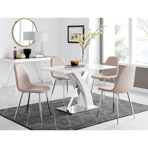 FurnitureboxUK Atlanta White High Gloss & Chrome 4 Seater Dining Table with X Shaped Legs & 4 Faux Leather Corona Chairs in Beige Beige FurnitureboxUK Atlanta White High Gloss & Chrome 4 Seater Dining Table with X Shaped Legs & 4 Faux Leather Corona Chairs in Beige Beige