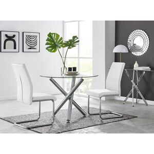 FurnitureboxUK Selina Round Glass & Chrome Metal Dining Table & Lorenzo Chairs Set in Off-White Size: 4 Person Off-White 4 Person FurnitureboxUK Selina Round Glass & Chrome Metal Dining Table & Lorenzo Chairs Set in Off-White Size: 4 Person Off-White 4 Person