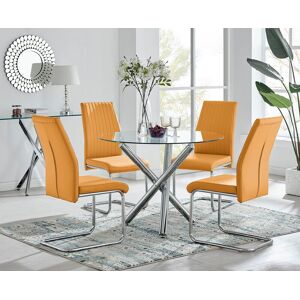 FurnitureboxUK Selina Round Glass & Chrome Metal Dining Table & Lorenzo Chairs Set in Mustard Size: 4 Person Mustard 4 Person FurnitureboxUK Selina Round Glass & Chrome Metal Dining Table & Lorenzo Chairs Set in Mustard Size: 4 Person Mustard 4 Person