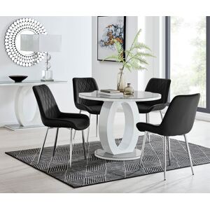 FurnitureboxUK Giovani Round 4 Seat 100cm White High Gloss Halo Base Grey Glass Top Dining Table 4 Soft Velvet Silver Leg Pesaro Chairs in Black Black FurnitureboxUK Giovani Round 4 Seat 100cm White High Gloss Halo Base Grey Glass Top Dining Table 4 Soft Velvet Silver Leg Pesaro Chairs in Black Black