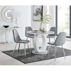 FurnitureboxUK Giovani Round 4 Seat 100cm White High Gloss Halo Base Grey Glass Top Dining Table 4 Soft Faux Leather Silver Leg Corona Chairs Grey FurnitureboxUK Giovani Round 4 Seat 100cm White High Gloss Halo Base Grey Glass Top Dining Table 4 Soft Faux Leather Silver Leg Corona Chairs Grey