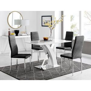 FurnitureboxUK Atlanta White High Gloss & Chrome 4 Seater Dining Table with X Shaped Legs & 4 Soft Velvet Milan Chairs in Black Black FurnitureboxUK Atlanta White High Gloss & Chrome 4 Seater Dining Table with X Shaped Legs & 4 Soft Velvet Milan Chairs in Black Black