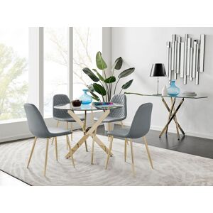 FurnitureboxUK Novara 100cm Round Tempered Glass Dining Table with Gold Legs & 4 Corona Faux Leather Chairs in Grey Grey FurnitureboxUK Novara 100cm Round Tempered Glass Dining Table with Gold Legs & 4 Corona Faux Leather Chairs in Grey Grey