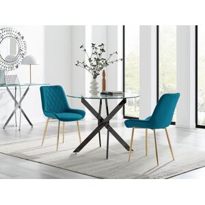 FurnitureboxUK Novara 100cm Round Black Leg Dining Table & 2 Pesaro Gold Leg Chairs in Blue Blue FurnitureboxUK Novara 100cm Round Black Leg Dining Table & 2 Pesaro Gold Leg Chairs in Blue Blue