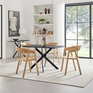 FurnitureboxUK Leonardo Black Top Dining Table & 4 Oak Masa Chairs Black FurnitureboxUK Leonardo Black Top Dining Table & 4 Oak Masa Chairs Black