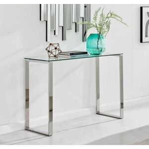 FurnitureboxUK Miami Modern Rectangular Clear Glass Console Table with Square Silver Chrome Metal Legs for Minimalist Living Room or Hallway Silver FurnitureboxUK Miami Modern Rectangular Clear Glass Console Table with Square Silver Chrome Metal Legs for Minimalist Living Room or Hallway Silver