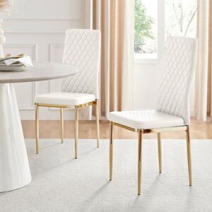 FurnitureboxUK Set of 4 Milan High Back Soft Touch Diamond Pattern Faux Leather Dining Chairs With Gold Chrome Metal Legs in White White FurnitureboxUK Set of 4 Milan High Back Soft Touch Diamond Pattern Faux Leather Dining Chairs With Gold Chrome Metal Legs in White White