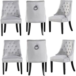 Life Interiors Set of 6 'Windsor' Knocker Back Velvet Dining Chairs Solid Wood Legs in Light Grey Light Grey Life Interiors Set of 6 'Windsor' Knocker Back Velvet Dining Chairs Solid Wood Legs in Light Grey Light Grey