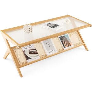 Costway 2-Tier Rectangular Coffee Table Modern Center Bamboo Table with Glass Tabletop in Natural Natural Costway 2-Tier Rectangular Coffee Table Modern Center Bamboo Table with Glass Tabletop in Natural Natural