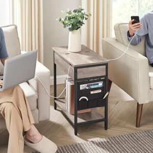 VASAGLE Slim Side Table Charging Station Storage USB Ports Fabric Bags in Fawn Fawn VASAGLE Slim Side Table Charging Station Storage USB Ports Fabric Bags in Fawn Fawn