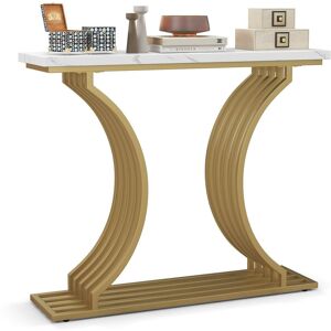 Costway 100cm Modern Console Table Narrow Entryway Table with Faux Marble Tabletop in White White Costway 100cm Modern Console Table Narrow Entryway Table with Faux Marble Tabletop in White White