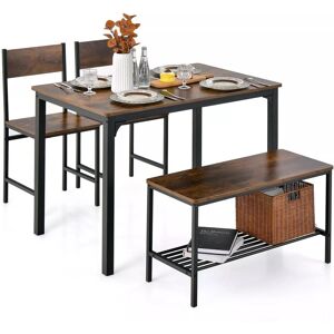 Costway 4-Piece Dining Table & Chair Bench Set Industrial Gathering Table Kitchen Set in Brown Brown Costway 4-Piece Dining Table & Chair Bench Set Industrial Gathering Table Kitchen Set in Brown Brown
