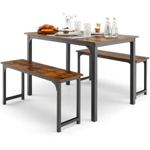 Costway 3 PCS Dining Table Set Space-Saving Kitchen Table Set w/2 Benches in Brown Brown Costway 3 PCS Dining Table Set Space-Saving Kitchen Table Set w/2 Benches in Brown Brown