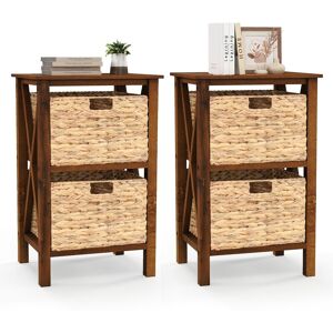 Costway Set of 2 Nightstand 2-Tier Sofa Side Table X-Shaped 2-Drawer End Table in Brown Brown Costway Set of 2 Nightstand 2-Tier Sofa Side Table X-Shaped 2-Drawer End Table in Brown Brown