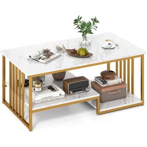 Costway Faux Marble Coffee Table Rectangular 2-Tier Center Table w/ Shelf in White White Costway Faux Marble Coffee Table Rectangular 2-Tier Center Table w/ Shelf in White White