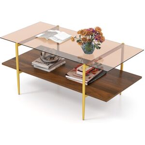 Costway 2-Tier Glass Coffee Table Rectangle Center Table w/Storage Shelf in Brown Brown Costway 2-Tier Glass Coffee Table Rectangle Center Table w/Storage Shelf in Brown Brown