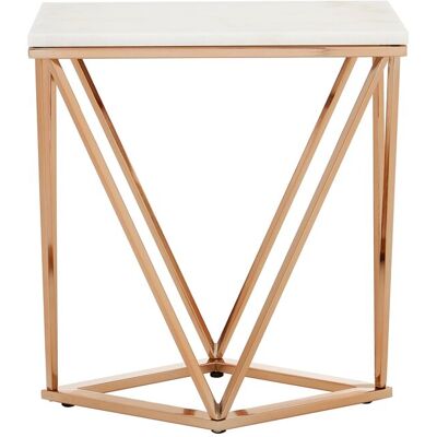 Orsina Champagne Finish End Table With Rose Gold Legs, White Marble Top Side Table, Modern Prismatic Bedside Table Gold Orsina Champagne Finish End Table With Rose Gold Legs, White Marble Top Side Table, Modern Prismatic Bedside Table Gold