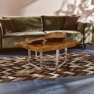 Orsina Teak Wood Coffee Table, Rustic Center Table With Natural Edges, Metallic Table With Sleek Legs, Kitchen Table in Silver Silver Orsina Teak Wood Coffee Table, Rustic Center Table With Natural Edges, Metallic Table With Sleek Legs, Kitchen Table in Silver Silver