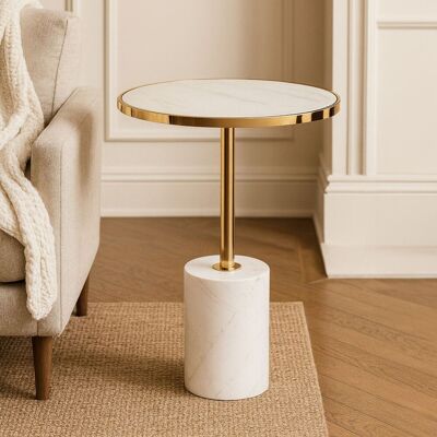 Orsina White Marble End Table, Round Marble Top & Base With Gold Stainless Steel Frame, Pedestal Side Table White Orsina White Marble End Table, Round Marble Top & Base With Gold Stainless Steel Frame, Pedestal Side Table White