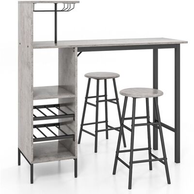 Costway 3PCS Bar Table & 2 Stool Industrial Kitchen Dining Set W/ Wine Rack Glass Holder in Grey Grey Costway 3PCS Bar Table & 2 Stool Industrial Kitchen Dining Set W/ Wine Rack Glass Holder in Grey Grey