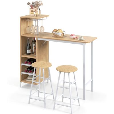 Costway 3PCS Bar Table Chair Set Industrial Dining Table Stools w/ Glass Holders & Wine Racks in Brown Brown Costway 3PCS Bar Table Chair Set Industrial Dining Table Stools w/ Glass Holders & Wine Racks in Brown Brown