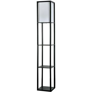 ValueLights Struttura Wooden Shelves Storage Floor Lamp In Black With Fabric Shade