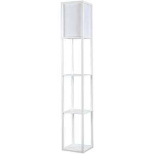 ValueLights Struttura Wooden Shelves Storage Floor Lamp In White With Fabric Shade