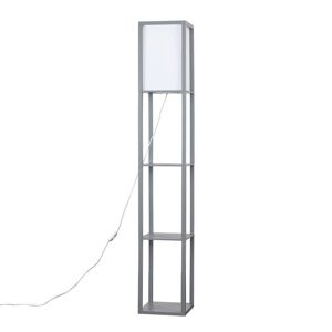 ValueLights Struttura Wooden Shelves Storage Floor Lamp In Grey With Fabric Shade