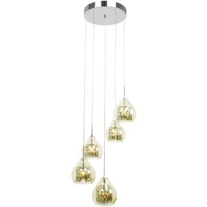 Orsina Smoked Glass & Chrome 5 Pendant Light, Elegant Hanging Ceiling Fixture with Cut Glass Detail in Gold Gold Orsina Smoked Glass & Chrome 5 Pendant Light, Elegant Hanging Ceiling Fixture with Cut Glass Detail in Gold Gold