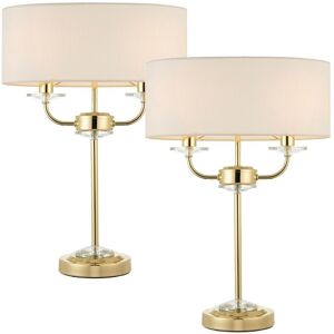 Loops 2 PACK Twin Light Table Lamp 2 Bulb Brass & White Shade Crystal Trim Bedside White Loops 2 PACK Twin Light Table Lamp 2 Bulb Brass & White Shade Crystal Trim Bedside White
