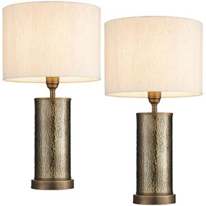 Loops 2 PACK Hammered Bronze Table Lamp Aged Metal & Off-White Shade Bedside Light in White White Loops 2 PACK Hammered Bronze Table Lamp Aged Metal & Off-White Shade Bedside Light in White White