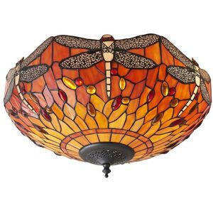 Loops Tiffany Glass Semi Flush Ceiling Light - Flame Dragonfly - Ceiling Light Loops Tiffany Glass Semi Flush Ceiling Light - Flame Dragonfly - Ceiling Light