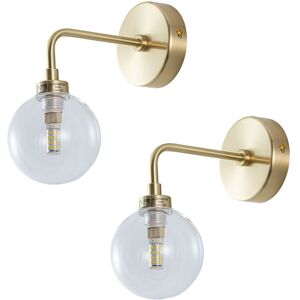 First Choice Lighting Set of 2 Toner - Satin Brass with Clear Glass Globe Wall Lights in Gold Gold First Choice Lighting Set of 2 Toner - Satin Brass with Clear Glass Globe Wall Lights in Gold Gold