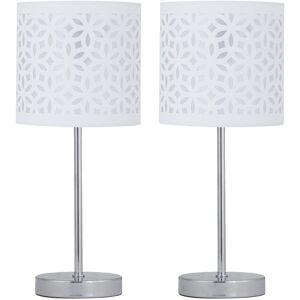 First Choice Lighting Set of 2 Chrome Stick Table Lamps with White Laser Cut Shades in Silver Silver First Choice Lighting Set of 2 Chrome Stick Table Lamps with White Laser Cut Shades in Silver Silver
