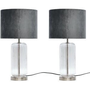 First Choice Lighting Set of 2 Walpole - Clear Fluted Glass & Brushed Chrome 49cm Table Lamps with Grey Velvet Shade in Silver Silver First Choice Lighting Set of 2 Walpole - Clear Fluted Glass & Brushed Chrome 49cm Table Lamps with Grey Velvet Shade in Silver Silver