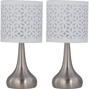 First Choice Lighting Set of 2 Romana - Brushed Chrome Touch Operated Table Lamps Bedside Lights White Laser Cut Shade in Silver Silver First Choice Lighting Set of 2 Romana - Brushed Chrome Touch Operated Table Lamps Bedside Lights White Laser Cut Shade in Silver Silver