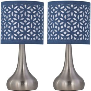 First Choice Lighting Set of 2 Romana - Brushed Chrome Touch Operated Table Lamps Bedside Lights Navy Blue Laser Cut Shade in Silver Silver First Choice Lighting Set of 2 Romana - Brushed Chrome Touch Operated Table Lamps Bedside Lights Navy Blue Laser Cut Shade in Silver Silver