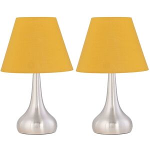 First Choice Lighting Set of 2 Romana - Brushed Chrome Touch Table Lamps with Ochre Shades in Silver Silver First Choice Lighting Set of 2 Romana - Brushed Chrome Touch Table Lamps with Ochre Shades in Silver Silver