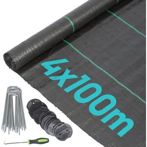 Harbour Housewares 110gsm Weed Control Membrane with Pegs & Plates 4m x 100m (8 Rolls) in Black Black Harbour Housewares 110gsm Weed Control Membrane with Pegs & Plates 4m x 100m (8 Rolls) in Black Black