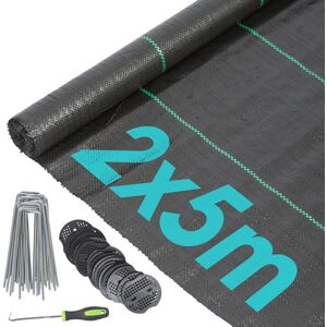 Harbour Housewares 110gsm Weed Control Membrane with Pegs & Plates 2m x 5m (1 Roll) in Black Black Harbour Housewares 110gsm Weed Control Membrane with Pegs & Plates 2m x 5m (1 Roll) in Black Black