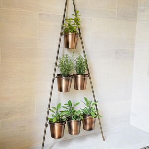 Ivyline Outdoor Vertical Gold Metal Wall Plant Stand with Planters, H148cm x W69cm, Planter External Diam. 14cm Gold Ivyline Outdoor Vertical Gold Metal Wall Plant Stand with Planters, H148cm x W69cm, Planter External Diam. 14cm Gold