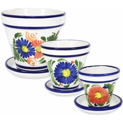 Verano Spanish Ceramics Floral Hand Painted Set of 3 Classic Plant Pots & Drainage Plates (D) 16-29cm Multicolor Verano Spanish Ceramics Floral Hand Painted Set of 3 Classic Plant Pots & Drainage Plates (D) 16-29cm Multicolor
